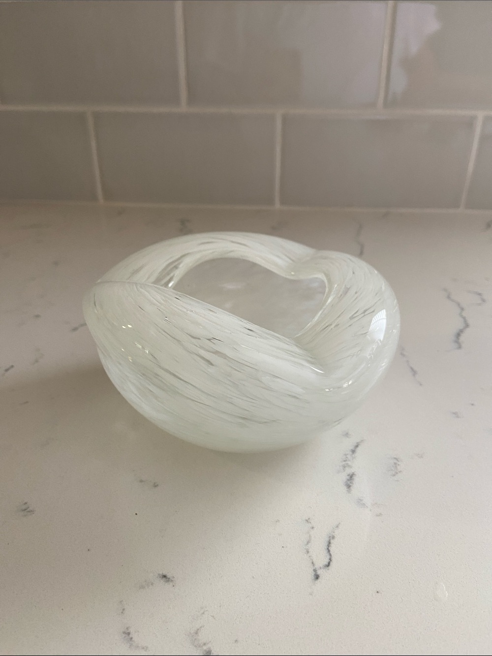 Vintage Hand Blown White Swirl Art Glass Ashtray